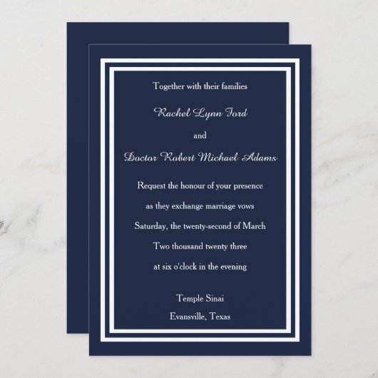 Double Navy Trim - 5x7Wedding Invitation Kaart (Voorkant / Achterkant)