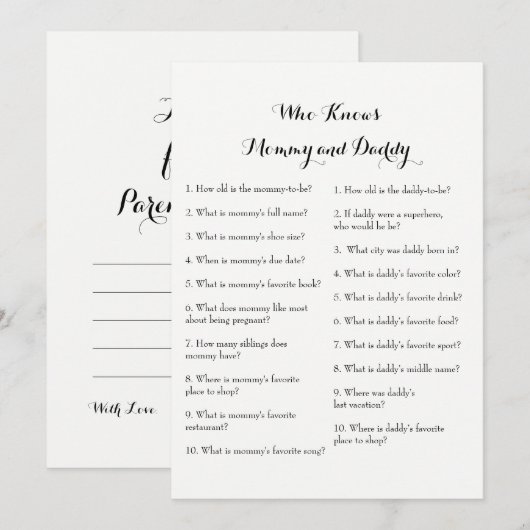 Double Side Baby shower Games - Advies | Wie weet Kaart (Voorkant / Achterkant)