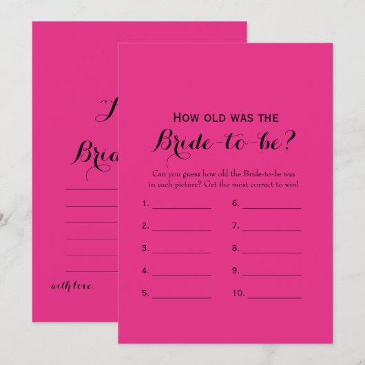 Double Side Hot Pink Vrijgezellenfeest Games Kaart (Voorkant / Achterkant)