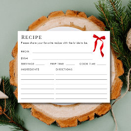 Double Sided Elegant Red Bow Recipe Bridal Shower Informatiekaartje