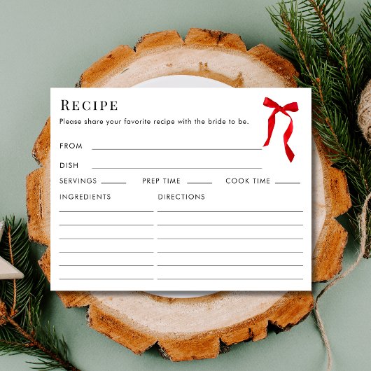 Double Sided Elegant Red Bow Recipe Bridal Shower Informatiekaartje