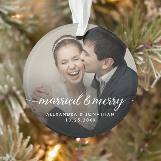 Double sided Married & Merry Newlywed Custom Photo Ornament (Boom)
