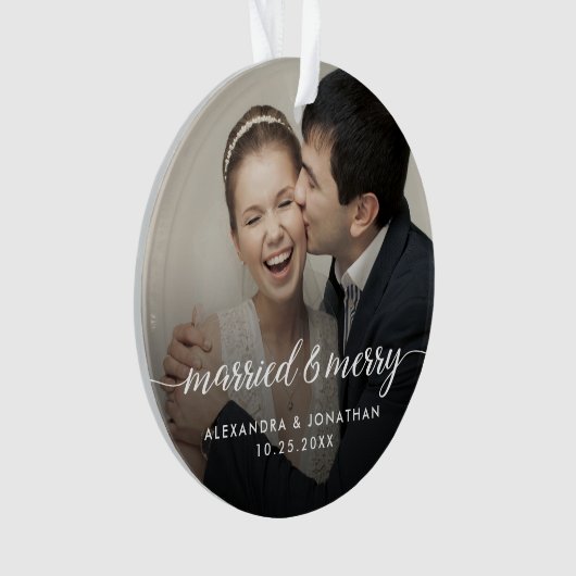 Double sided Married & Merry Newlywed Custom Photo Ornament (voorkant)