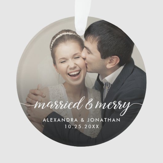 Double sided Married & Merry Newlywed Custom Photo Ornament (voorkant)