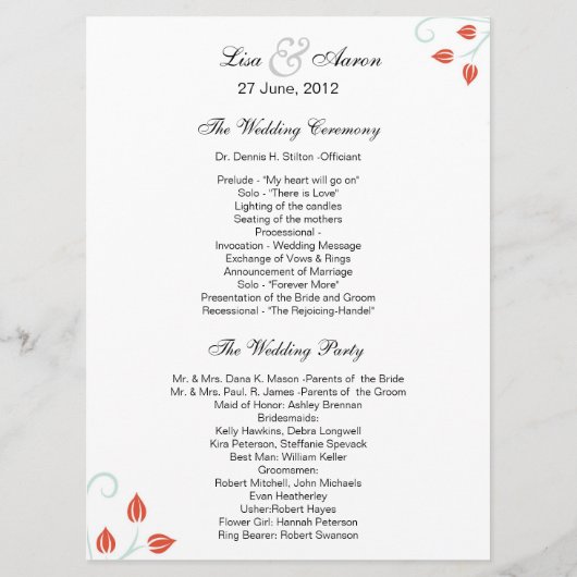 Double Sided -Menu/Wedding Ceremony Program Programmakaart (Achterkant)
