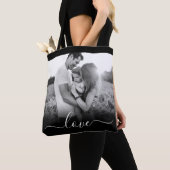 Double Sided Photo Love Text Black Carry Canvas ta Tote Bag (Dichtbij)