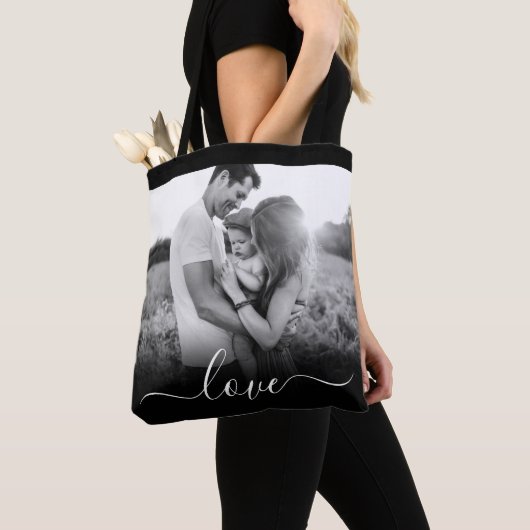 Double Sided Photo Love Text Black Carry Canvas ta Tote Bag (Dichtbij)