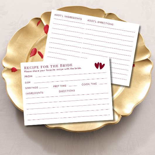 Double Sided Red Valentines Bridal Shower Recipe  Informatiekaartje