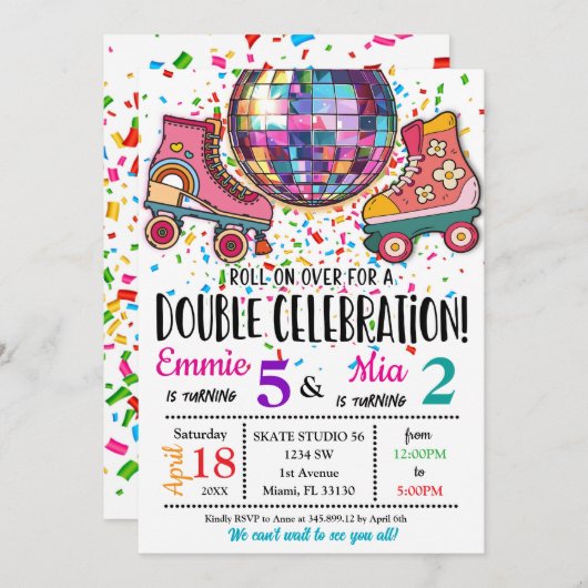 Double Sisters Bdays Celebration Roller Skating  Kaart (Voorkant / Achterkant)