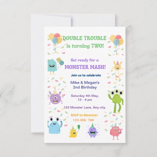 Double the Fun Twin Birthday Invitation – Bewerkba RSVP Kaartje (Voorkant)