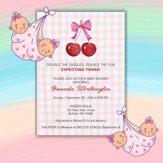 Double the Fun Twin Girls Baby Shower Flat Card