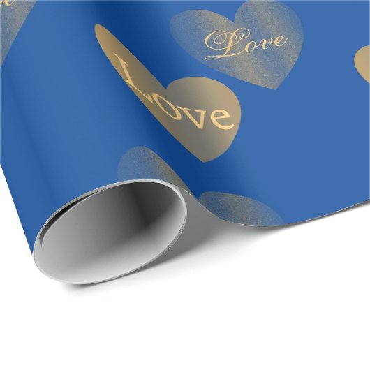 Double the Gold Love Hearts op Congress Blue Cadeaupapier (Rol Hoek)