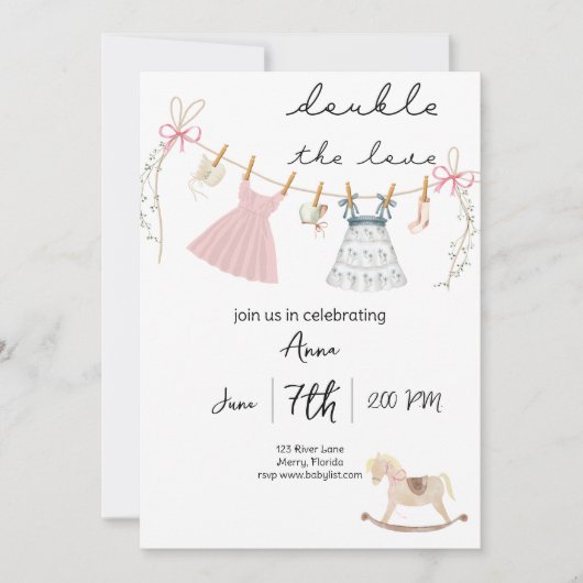 Double the Love tweeling baby shower Uitnodiging (Voorkant)