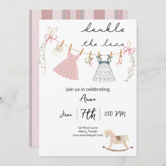 Double the Love tweeling baby shower Uitnodiging (Voorkant / Achterkant)