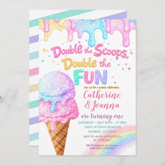 Double the Scoops Birthday ice Cream Glitter Kaart (Voorkant / Achterkant)