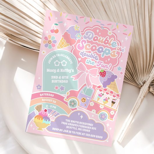 Double the Scoops Ice Cream Birthday Invitation Kaart