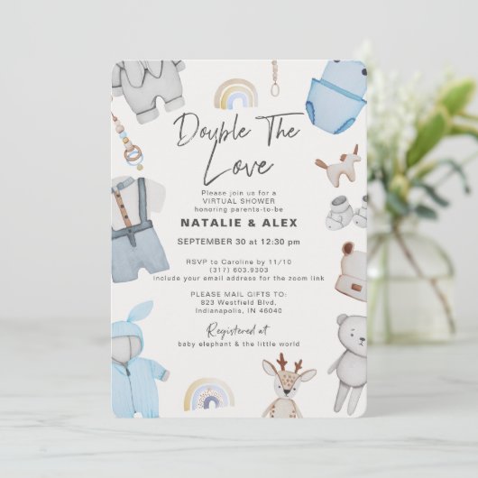 Double Trouble Clothes Twin Boy Virtual Shower IV Kaart (Staand voorkant)