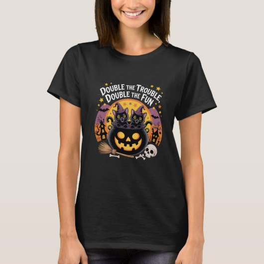 Double Trouble Cute Black Cats Halloween Cauldron T-shirt (Voorkant)