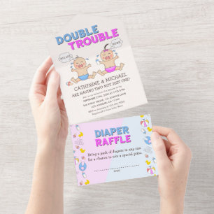 Double Trouble Twin Boy & Girl Baby shower All In One Uitnodiging