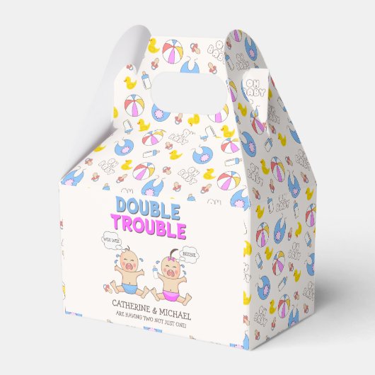 Double Trouble Twin Boy & Girl Baby shower Bedankdoosjes (Voorkant Zijde)
