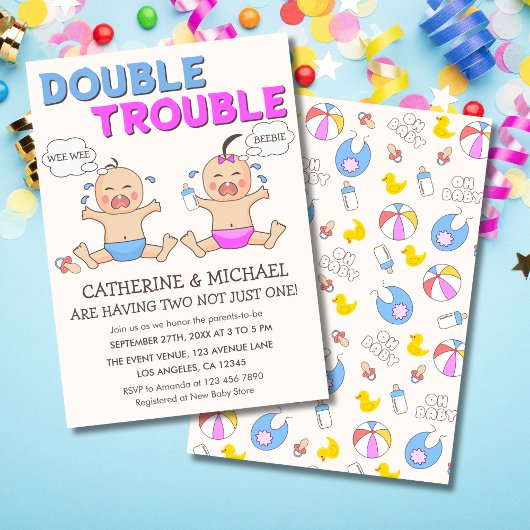 Double Trouble Twin Boy & Girl Baby shower Kaart