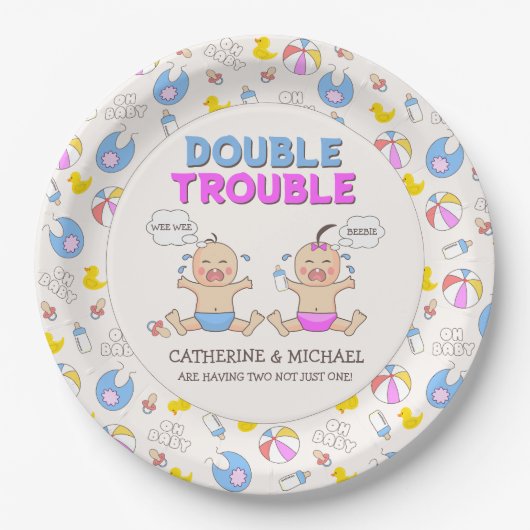 Double Trouble Twin Boy & Girl Baby shower Papieren Bordje (Voorkant)