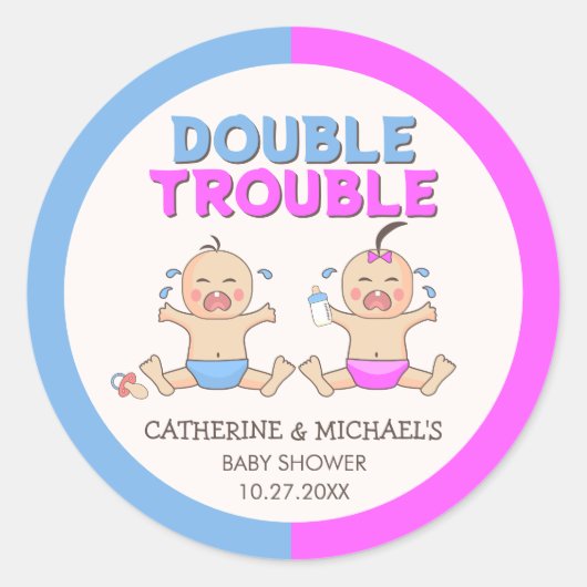 Double Trouble Twin Boy & Girl Baby shower Ronde Sticker (Voorkant)