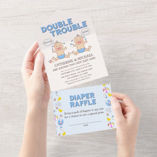 Double Trouble Twin Boys Baby shower All In One Uitnodiging (Afscheurbaar)