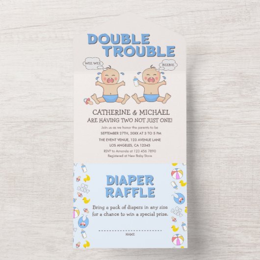 Double Trouble Twin Boys Baby shower All In One Uitnodiging (Binnen)