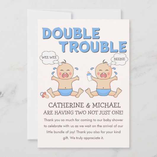 Double Trouble Twin Boys Baby shower Bedankkaart (Voorkant)