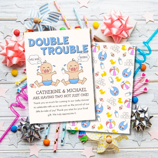 Double Trouble Twin Boys Baby shower Bedankkaart
