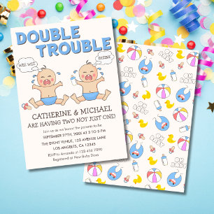 Double Trouble Twin Boys Baby shower Kaart