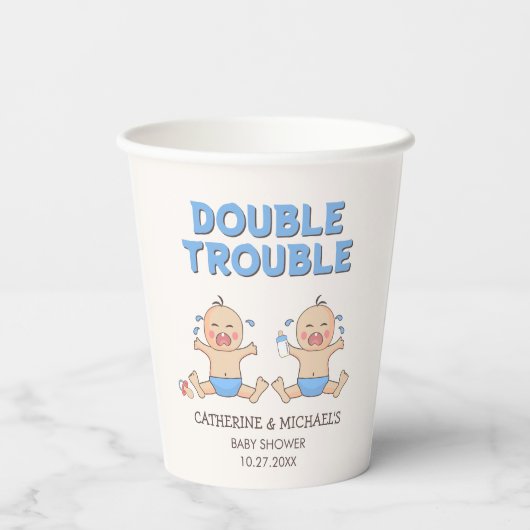 Double Trouble Twin Boys Baby shower Papieren Bekers (Achterkant)