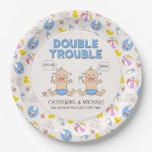 Double Trouble Twin Boys Baby shower Papieren Bordje (Voorkant)