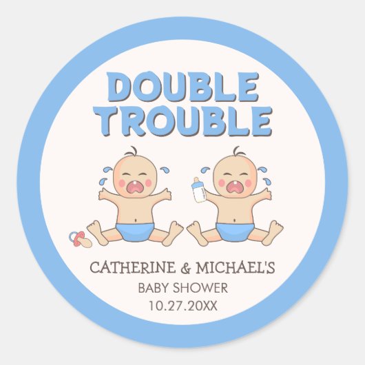 Double Trouble Twin Boys Baby shower Ronde Sticker (Voorkant)