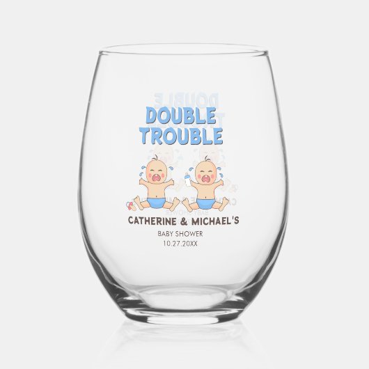 Double Trouble Twin Boys Baby shower Wijnglas Zonder Voet (Achterkant)