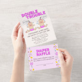 Double Trouble Twin Meisjes Baby shower All In One Uitnodiging (Afscheurbaar)