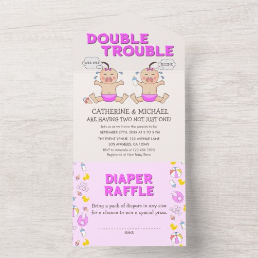 Double Trouble Twin Meisjes Baby shower All In One Uitnodiging (Binnen)