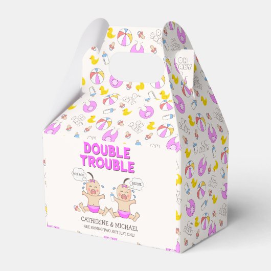 Double Trouble Twin Meisjes Baby shower Bedankdoosjes (Voorkant Zijde)