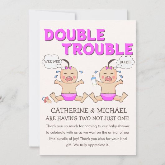 Double Trouble Twin Meisjes Baby shower Bedankkaart (Voorkant)