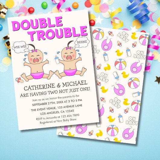 Double Trouble Twin Meisjes Baby shower Kaart