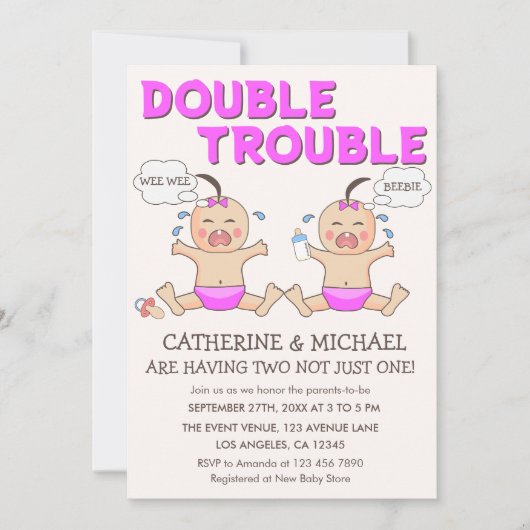 Double Trouble Twin Meisjes Baby shower Kaart (Voorkant)