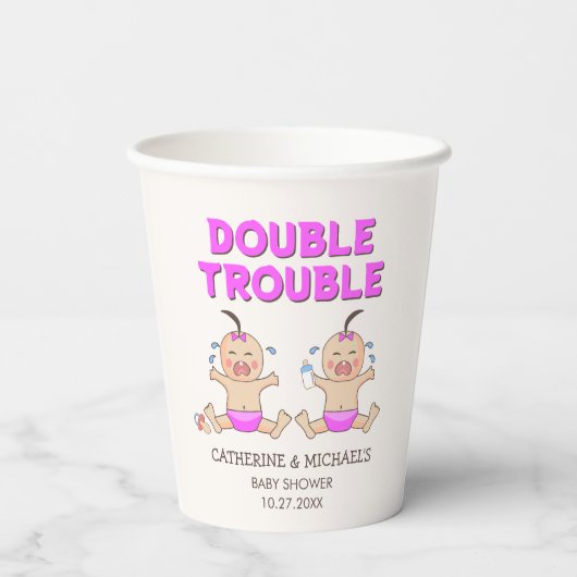 Double Trouble Twin Meisjes Baby shower Papieren Bekers (Achterkant)