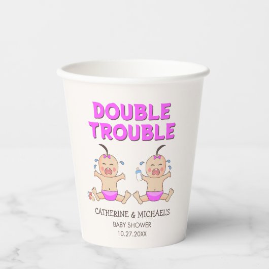 Double Trouble Twin Meisjes Baby shower Papieren Bekers (Voorkant)