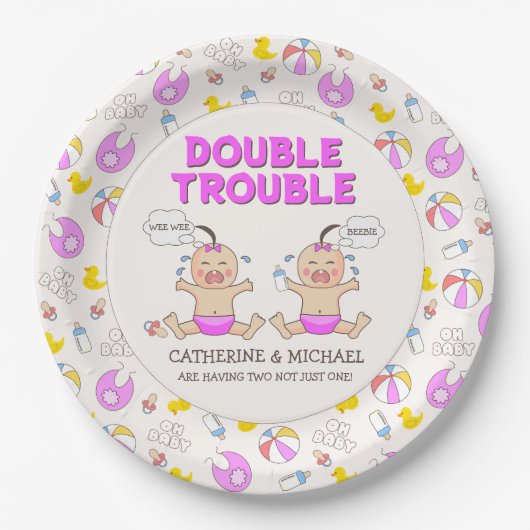 Double Trouble Twin Meisjes Baby shower Papieren Bordje (Voorkant)