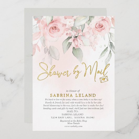 Douche door post Vintage Roze Rozen Folie Uitnodiging (Voorkant / Achterkant)