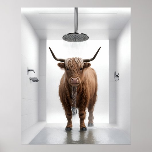 Douche Highland Koe Badkamer Afbeelding Print Post (Voorkant)