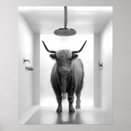 Douche Highland Koe Badkamer Zwart-wit Poster