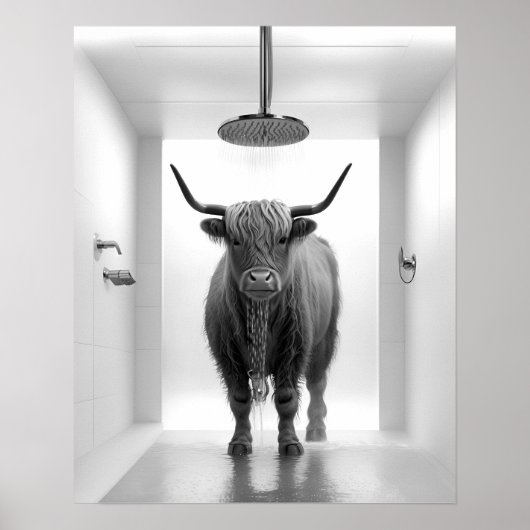 Douche Highland Koe Badkamer Zwart-wit Poster (Voorkant)