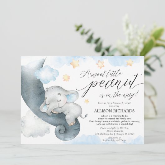 Douche per mail blauw geel olifant baby shower kaart (Staand voorkant)